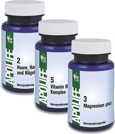 Drei Dosen ApoLife-Nahrungsergänzungsmittel: Haare, Haut und Nägel, Vitamin B Komplex, Magnesium plus