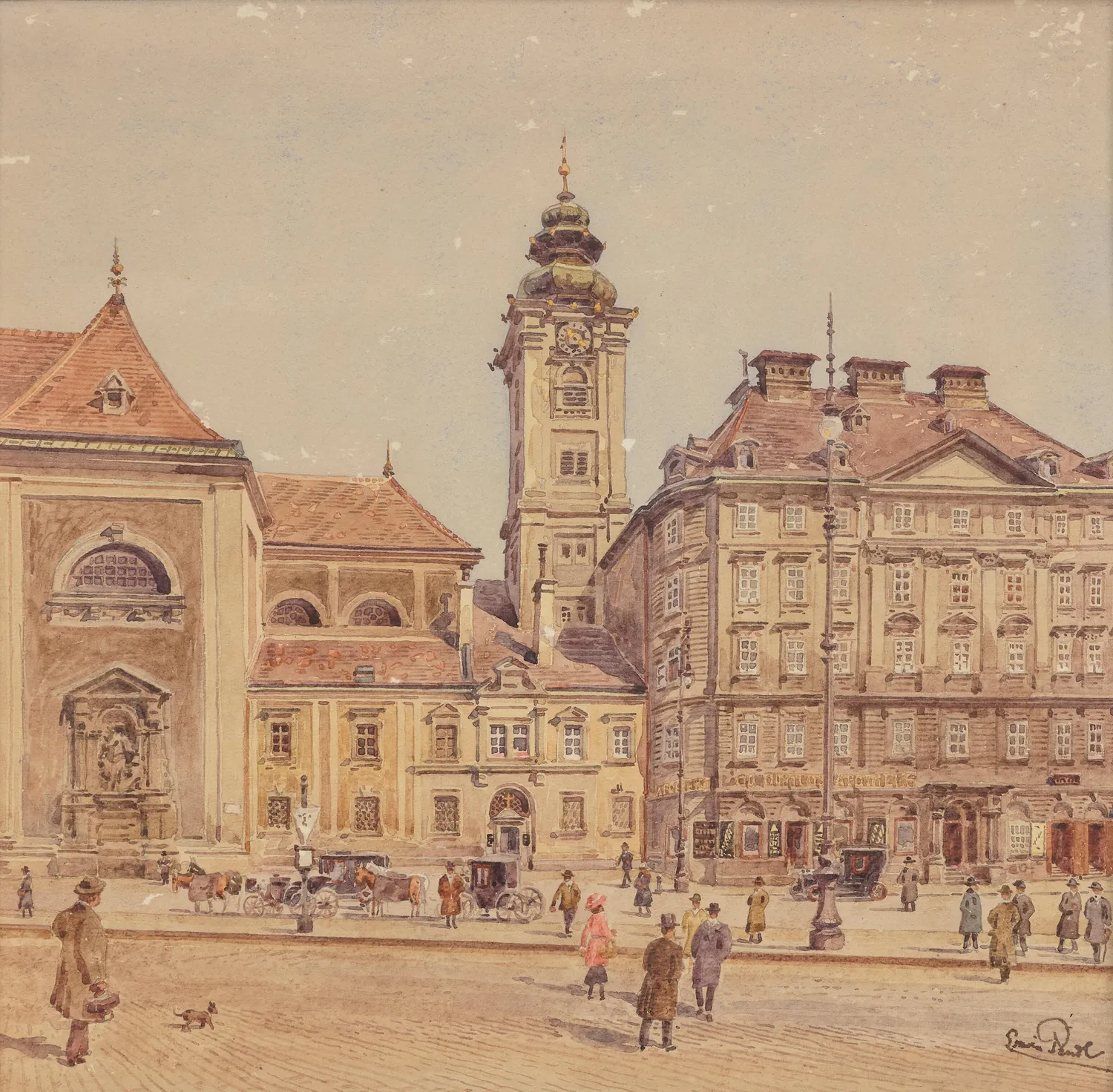 Historisches Aquarell der Freyung mit der Schottenkirche und Passanten, 1923