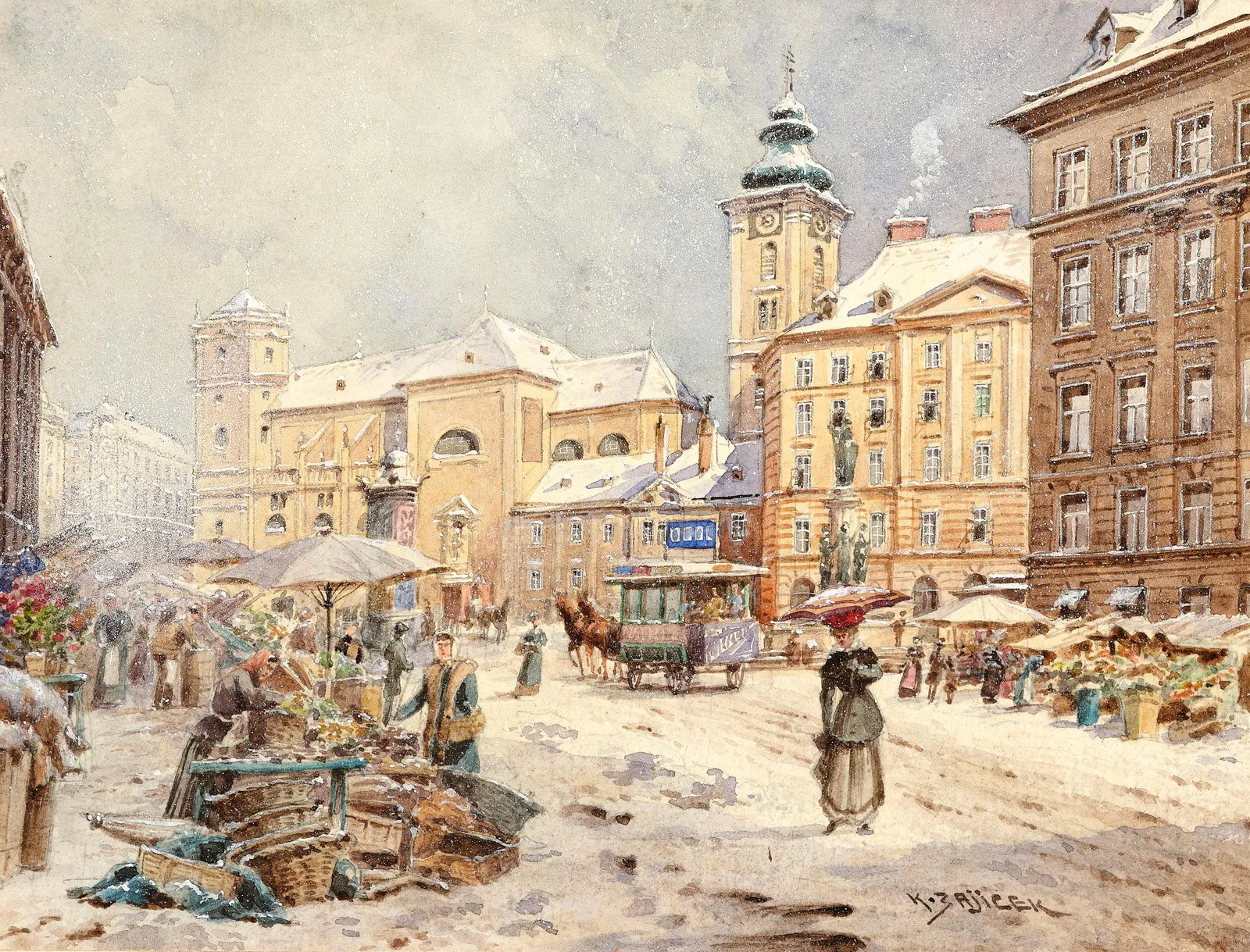 Historisches Gemälde der verschneiten Freyung mit Marktständen und der Schottenkirche