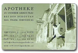 Stammkunden-Karte der Schottenapotheke mit Fassadenmotiv und Kontaktdaten